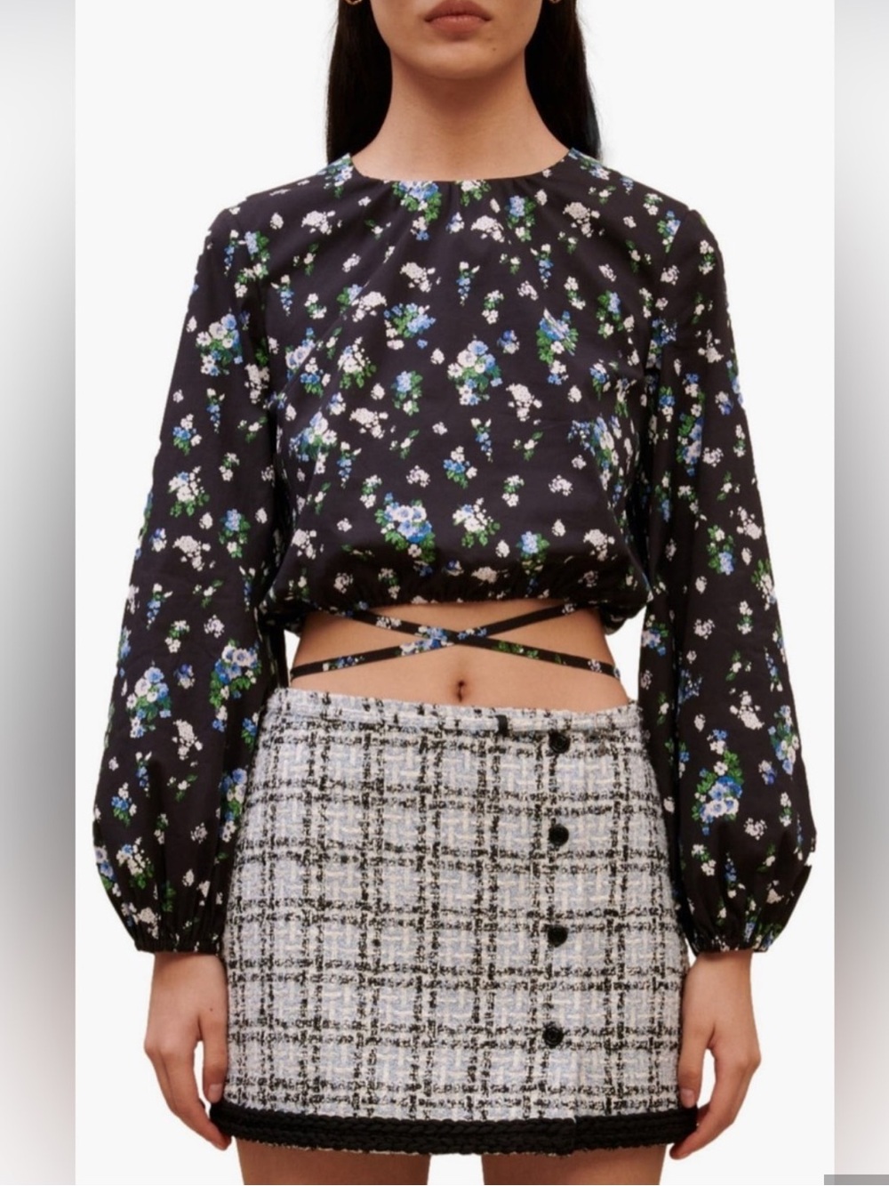 maje $265 Lovy Floral Stretch Cotton Tie Back Crop Top